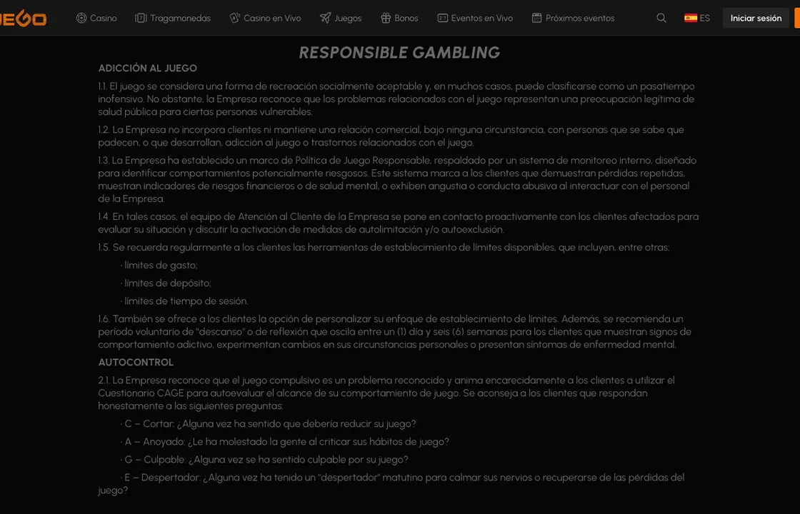 Página de juego responsable de la plataforma con sus apartados numerados